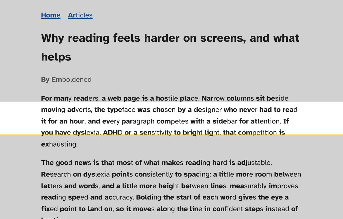 A web page with first syllables bolded and the reading ruler following the mouse