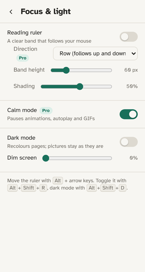 Focus and light settings