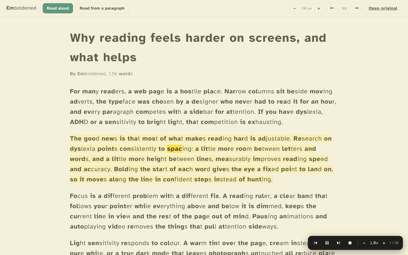 Reader view with a sentence highlighted and the on-page player