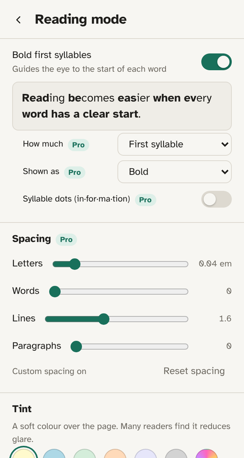 Reading mode settings